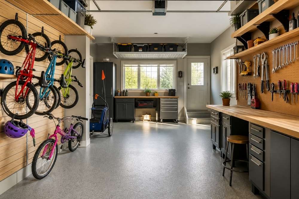 efficiently organized garage with tools, bikes, and workspace