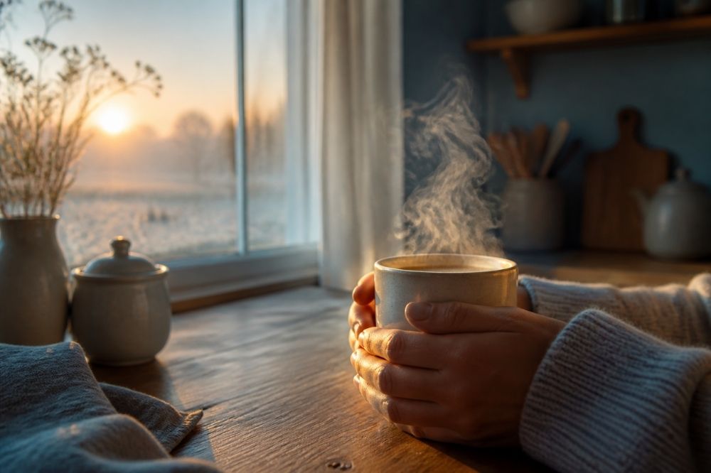 hands holding steaming mug near window at sunrise