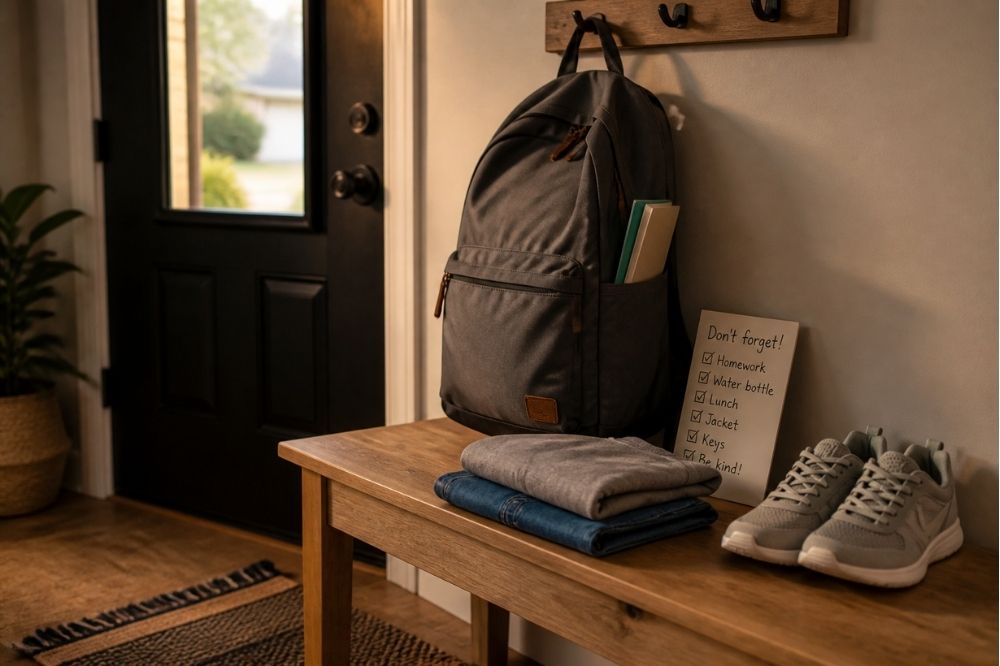 items prepared for school beside a reminder checklist
