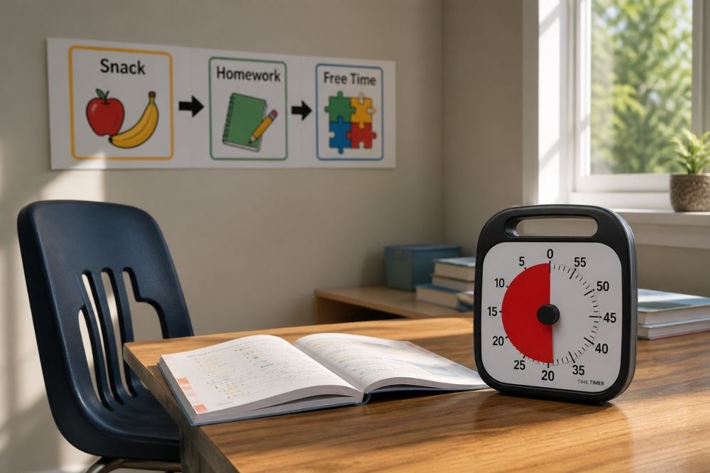 open book and timer on desk in classroom setting