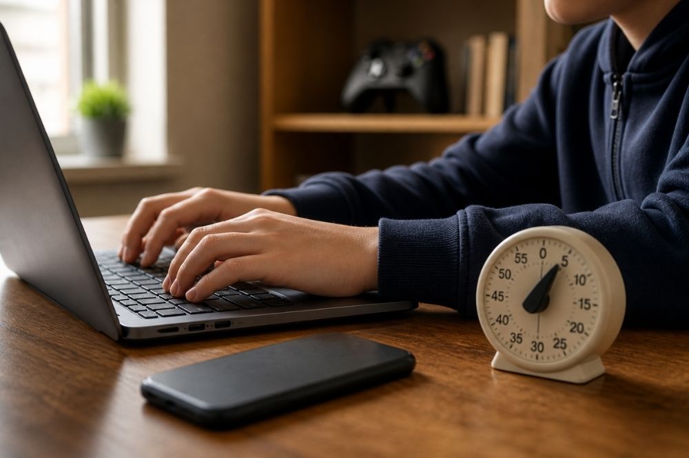 person typing on laptop beside a timer and smartphone