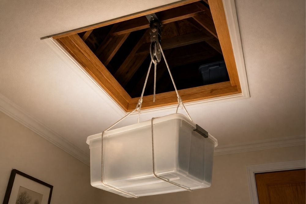 plastic storage box being lifted into attic with pulley system