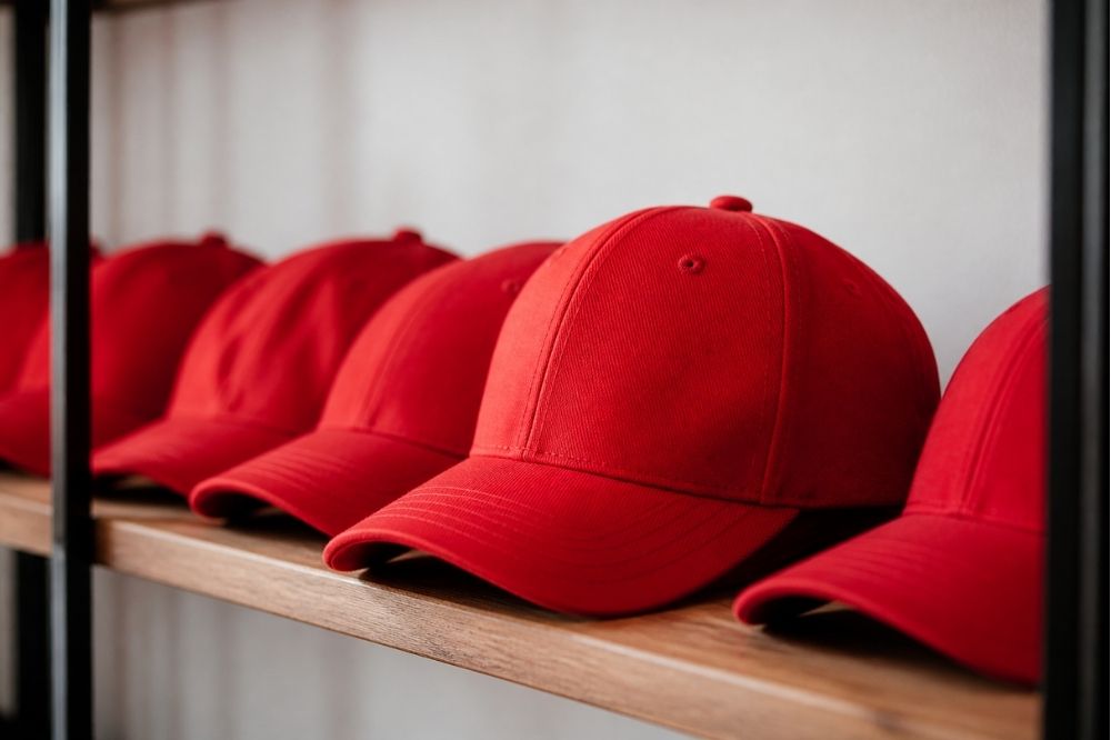 row of identical red caps displayed on wooden shelf