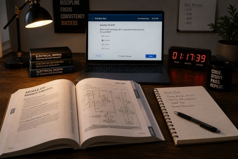 study setup with laptop, books, and a notebook