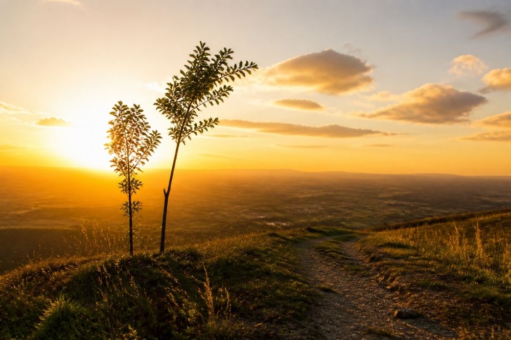 sunset over a hilly landscape with two trees