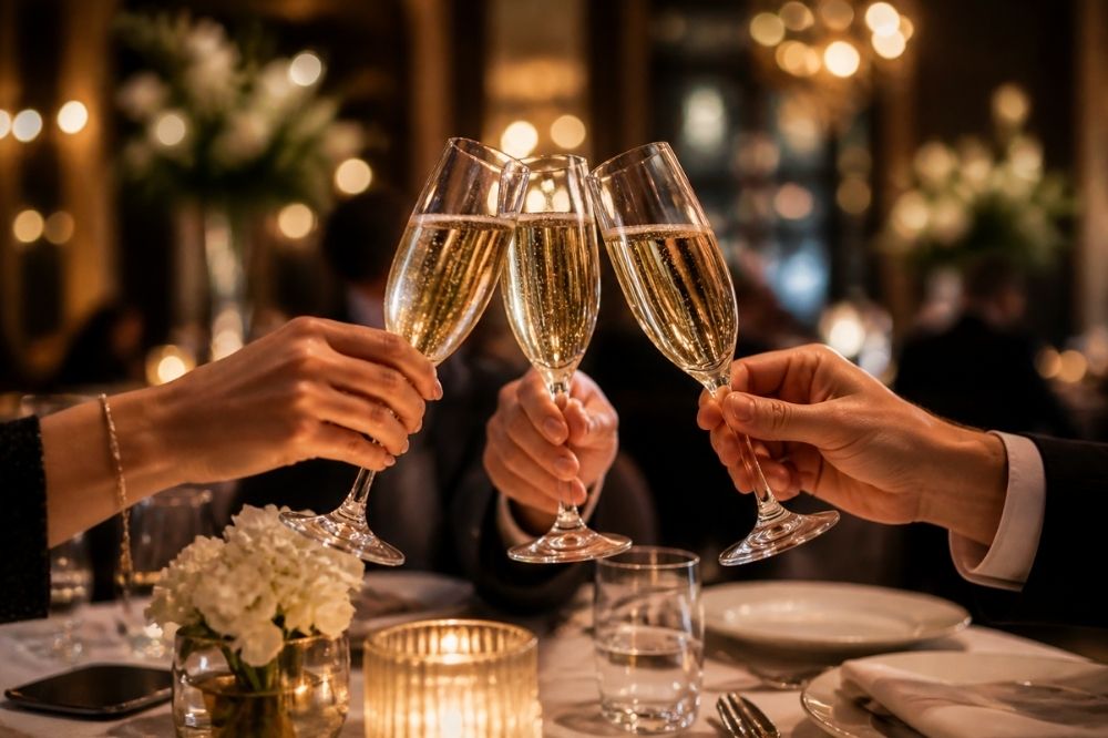 toasting champagne glasses in elegant celebratory setting