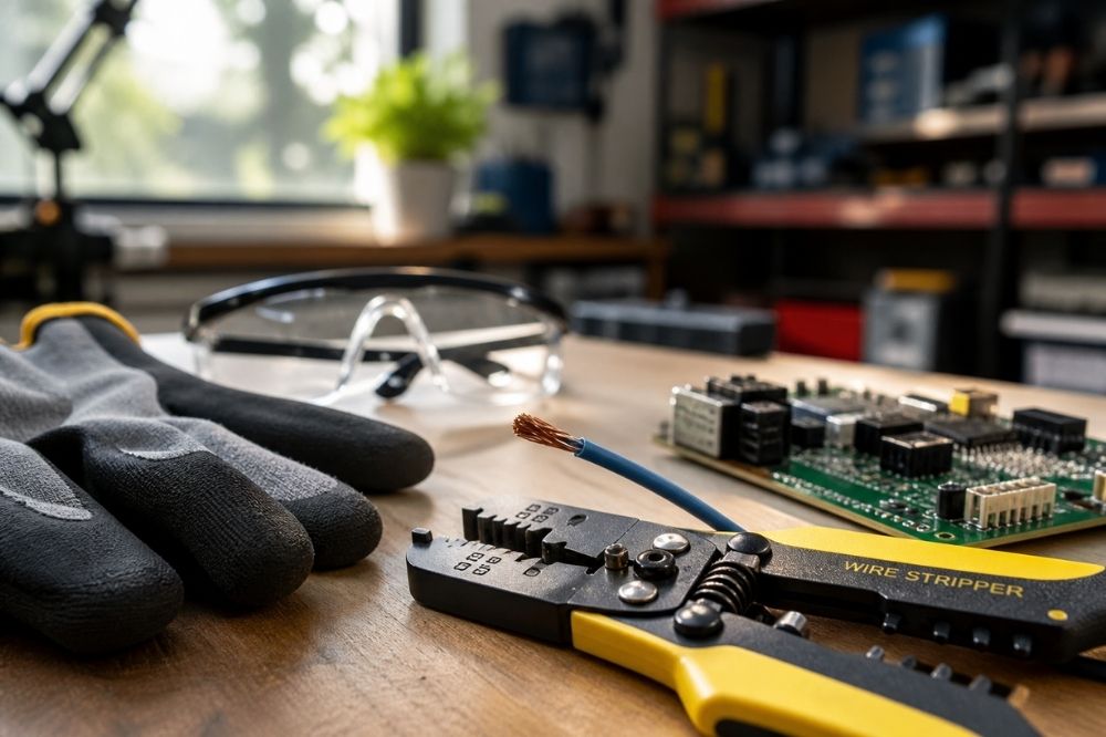 workbench with safety gear, wire stripper, and circuit board
