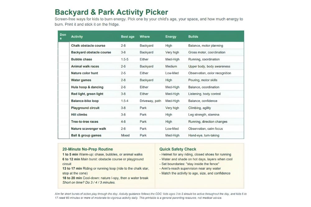 Backyard and park activity picker chart with screen-free outdoor activities for kids by age, energy level, and skill