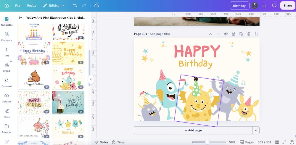 canva designing kids birthday cards
