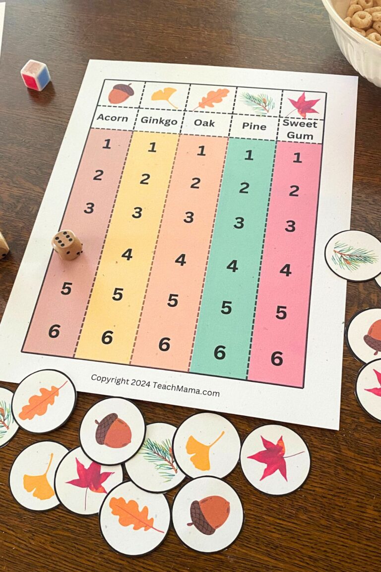 Printed Game Board with five columns. Brown, yellow, orange, green and red with printed leavers at the top, a wooden die and printed leaf game markers.