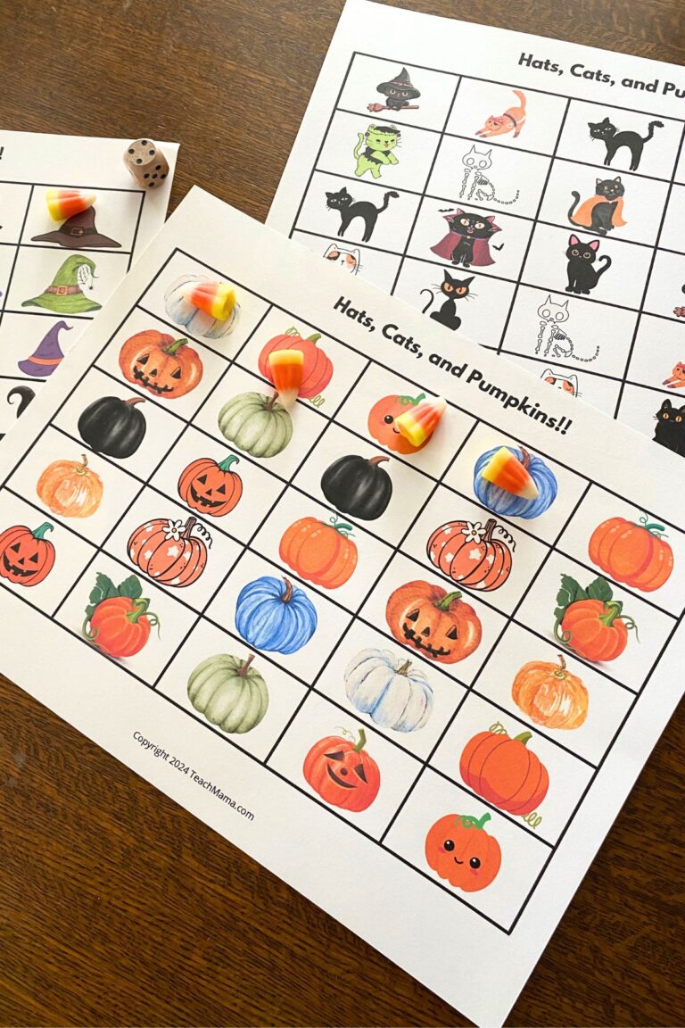 Printable grid game boards with colorful cartoon pumpkins and candy corn markers