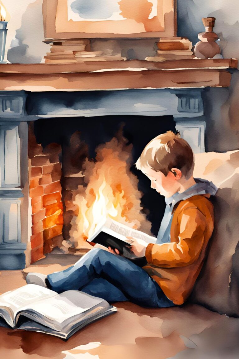Watercolor style image of a boy reading in front of a fireplace