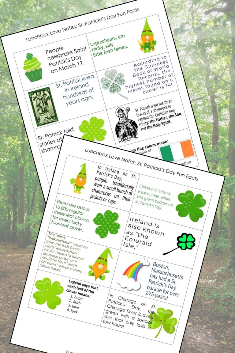 Fun fact St. Patrick's Day lunchbox notes printed on white cardstock on a forest scene background