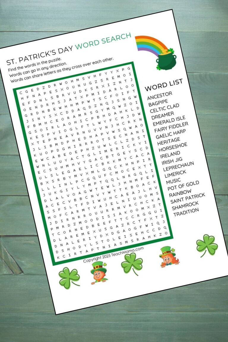 Word search printable with bright images on a green wood background.
