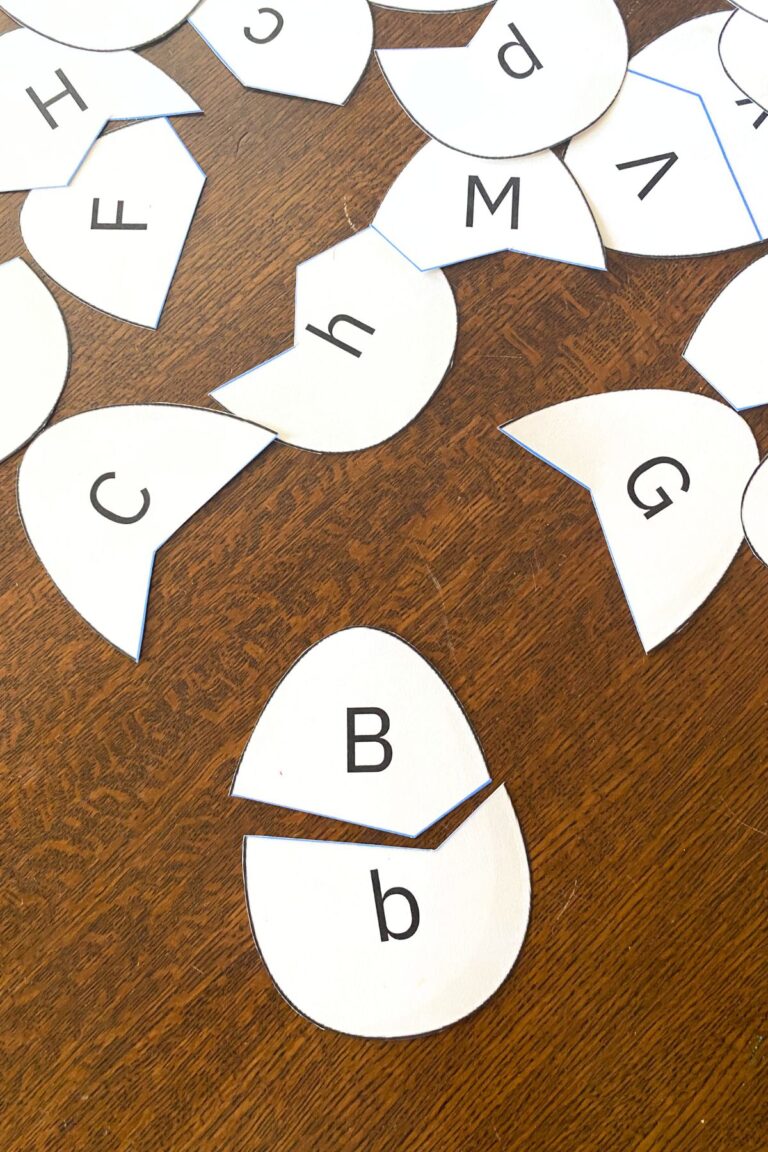 Egg shapes printed on white card stock on a wooden table. Each egg has an upper case letter on the top and a lower case letter on the bottom.