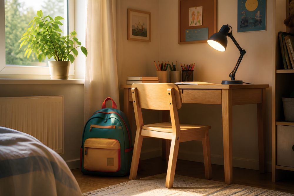 A cozy study nook with backpack and potted plant.