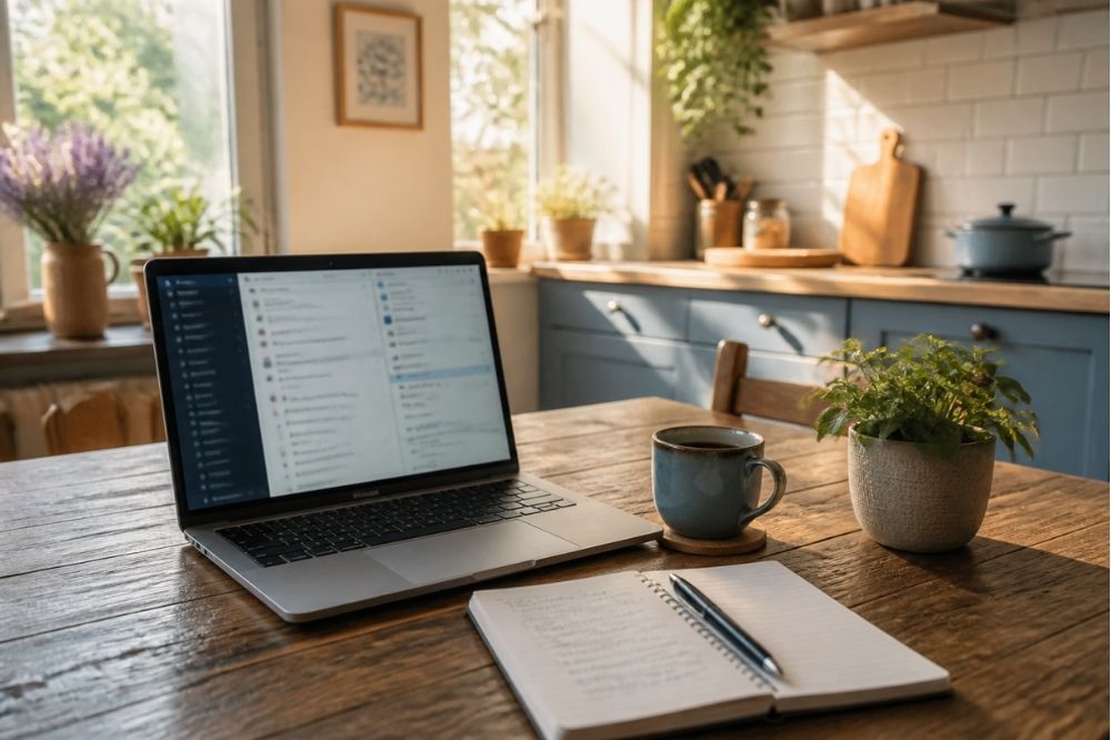 A laptop and notebook on a wooden kitchen table