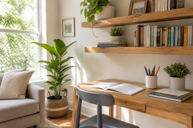 Cozy home office with plants, books, and wooden desk