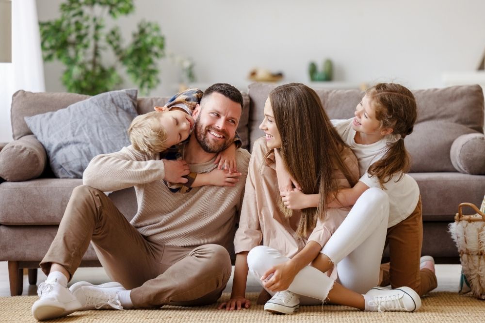 Happy family in a living room