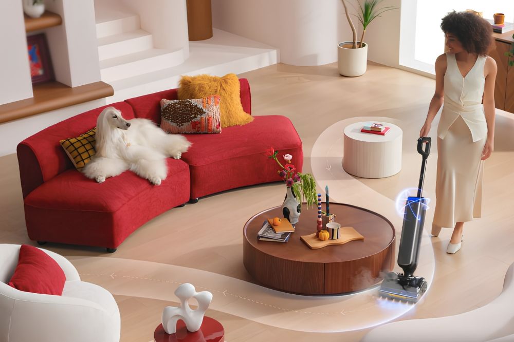 a woman vacuuming her living room